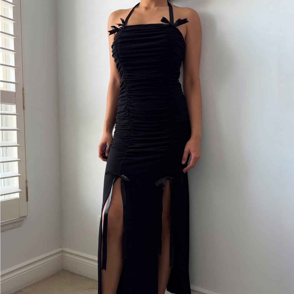 90s Made in Canada Fairweather Black Bow-Detail Halter Maxi Dress - X-Small
